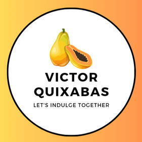 Over an orange ombre background, a white circle with black outline shows an illustration of two papayas, one sliced open showing seeds inside. Below, text reads: victor Quixabas, let's indulge together.